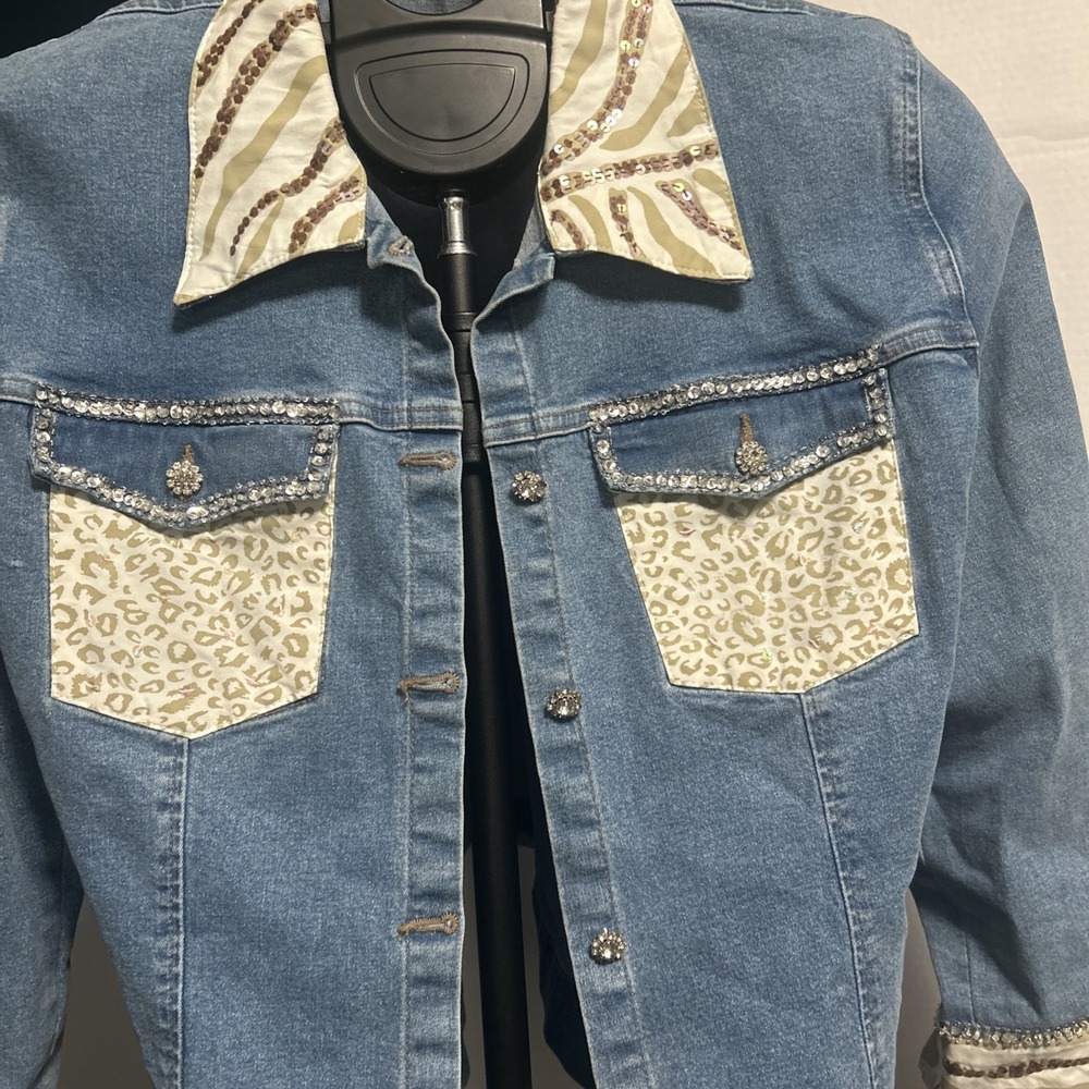 Denim Sequin Animal Print Denim Jacket Rhinestone Havenbleu